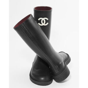 Chanel REV Black White Caoutchouc CC Logo High Pull On Rubber Rain Boots 39